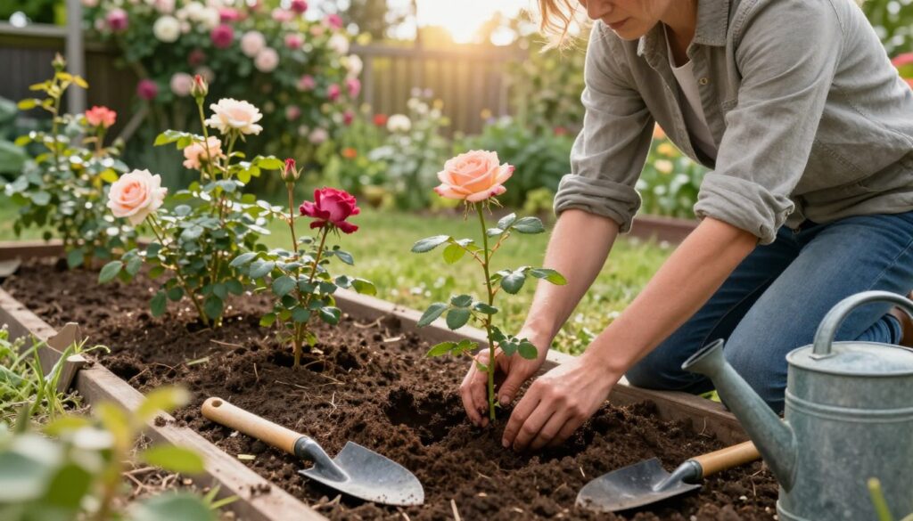 A detailed scene illustrating the technique of planting roses step by step. In the foreground, a well-groomed garden bed is shown, with a gardener in modest casual clothing kneeling, focusing on placing a young rose sapling into the soil. Soft sunlight filters through light clouds, casting a warm glow. In the middle, rich, dark soil is exposed, surrounded by garden tools such as a trowel and a watering can. Several colorful rose plants in various stages of growth are presented next to the gardener. The background features a lush garden fence adorned with climbing roses, creating a serene, nurturing atmosphere. The image captures a sense of tranquility and dedication in gardening, with an emphasis on the natural colors and textures of the plants and soil, framed through a slight upward angle to emphasize the action being taken.