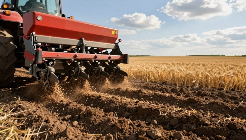 A dynamic agricultural scene showcasing the technical aspects of sowing spring triticale seeds. In the foreground, a modern seed drill is actively sowing seeds into a fertile, moist soil, with seeds cascading gently from the mechanism. The middle ground features rows of freshly sown triticale fields illuminated by soft, golden sunlight, highlighting the rich texture of the brown earth. A blue sky with scattered fluffy clouds fills the background, contributing to a bright and optimistic atmosphere. The composition is framed at a slight angle to emphasize the action of the machinery, with a close focus on the seed drill’s intricate mechanisms. The mood is energetic yet calm, encapsulating the essence of precise agricultural techniques. A dynamic agricultural scene showcasing the technical aspects of sowing spring triticale seeds. In the foreground, a modern seed drill is actively sowing seeds into a fertile, moist soil, with seeds cascading gently from the mechanism. The middle ground features rows of freshly sown triticale fields illuminated by soft, golden sunlight, highlighting the rich texture of the brown earth. A blue sky with scattered fluffy clouds fills the background, contributing to a bright and optimistic atmosphere. The composition is framed at a slight angle to emphasize the action of the machinery, with a close focus on the seed drill’s intricate mechanisms. The mood is energetic yet calm, encapsulating the essence of precise agricultural techniques.