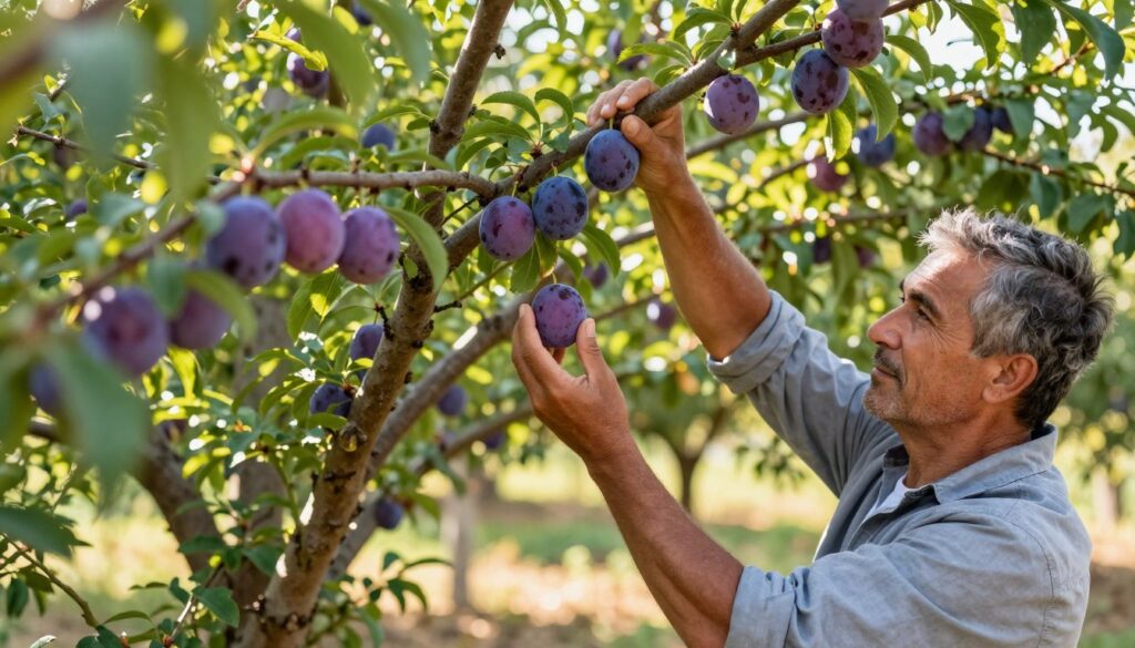 A farmer in modest, casual clothing skillfully picks ripe plums from a tree laden with fruit. In the foreground, vibrant purple plums hang from the branches, glistening in the warm sunlight. The farmer, focused and careful, uses both hands to gently twist a plum, demonstrating proper harvesting techniques. In the middle ground, the tree is lush with green leaves, providing a natural canopy to the scene. The background features a sunny orchard with additional plum trees, conveying a serene and productive atmosphere. The image should be captured in soft, natural lighting to enhance the freshness of the fruit, with a shallow depth of field to keep the focus on the farmer and the plums. The overall mood is peaceful, emphasizing the importance of careful harvesting techniques. A farmer in modest, casual clothing skillfully picks ripe plums from a tree laden with fruit. In the foreground, vibrant purple plums hang from the branches, glistening in the warm sunlight. The farmer, focused and careful, uses both hands to gently twist a plum, demonstrating proper harvesting techniques. In the middle ground, the tree is lush with green leaves, providing a natural canopy to the scene. The background features a sunny orchard with additional plum trees, conveying a serene and productive atmosphere. The image should be captured in soft, natural lighting to enhance the freshness of the fruit, with a shallow depth of field to keep the focus on the farmer and the plums. The overall mood is peaceful, emphasizing the importance of careful harvesting techniques.