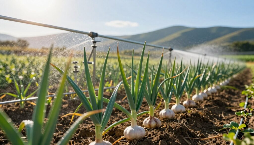 A flourishing garlic field under bright sunlight, showcasing effective irrigation techniques. In the foreground, focus on a close-up of healthy garlic plants with strong green stalks and developing bulbs, dew glistening on their leaves. The middle ground features various irrigation methods, such as drip lines and sprinkler systems, gently watering the plants. In the background, a soft blur of rolling hills and a clear blue sky adds depth, enhancing the serene, productive atmosphere of the garden. The lighting is warm and inviting, casting soft shadows that emphasize the texture of the soil and plants. The overall mood is one of vitality and growth, representing healthy agricultural practices. A flourishing garlic field under bright sunlight, showcasing effective irrigation techniques. In the foreground, focus on a close-up of healthy garlic plants with strong green stalks and developing bulbs, dew glistening on their leaves. The middle ground features various irrigation methods, such as drip lines and sprinkler systems, gently watering the plants. In the background, a soft blur of rolling hills and a clear blue sky adds depth, enhancing the serene, productive atmosphere of the garden. The lighting is warm and inviting, casting soft shadows that emphasize the texture of the soil and plants. The overall mood is one of vitality and growth, representing healthy agricultural practices.