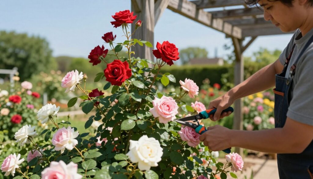 A gardener carefully pruning climbing roses against a wooden pergola, showcasing various rose types with distinct blooms. The foreground features the gardener, dressed in practical gardening attire, skillfully trimming rose branches with precise shears. In the middle ground, lush green leaves contrast with vibrant clusters of roses in shades of red, pink, and white, highlighting their beauty and healthy growth. The background reveals a soft, sunlit garden with a blurred floral display and a clear blue sky, enhancing the tranquil atmosphere. The composition should be bright and inviting, with natural light creating gentle shadows that add depth to the scene, all captured in a slightly angled view to emphasize the activity and details of the roses. A gardener carefully pruning climbing roses against a wooden pergola, showcasing various rose types with distinct blooms. The foreground features the gardener, dressed in practical gardening attire, skillfully trimming rose branches with precise shears. In the middle ground, lush green leaves contrast with vibrant clusters of roses in shades of red, pink, and white, highlighting their beauty and healthy growth. The background reveals a soft, sunlit garden with a blurred floral display and a clear blue sky, enhancing the tranquil atmosphere. The composition should be bright and inviting, with natural light creating gentle shadows that add depth to the scene, all captured in a slightly angled view to emphasize the activity and details of the roses.