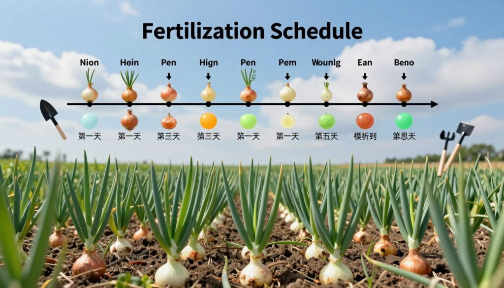 A highly detailed diagram illustrating the fertilization schedule for onion cultivation during the growth season. In the foreground, show a vibrant green onion field, with well-formed onion bulbs partially visible in the soil. In the middle, include a clear timeline or chart demonstrating various stages of growth with arrows, symbols, and color-coded sections for different fertilizers. Surrounding elements like gardening tools or small plants can subtly imply growth and care. In the background, a bright blue sky with soft white clouds can create a cheerful atmosphere. Use soft lighting to enhance the freshness of the scene and a top-down perspective to clearly display the fertilization schedule. The overall mood should be informative yet inviting, emphasizing the importance of proper fertilization in onion farming. A highly detailed diagram illustrating the fertilization schedule for onion cultivation during the growth season. In the foreground, show a vibrant green onion field, with well-formed onion bulbs partially visible in the soil. In the middle, include a clear timeline or chart demonstrating various stages of growth with arrows, symbols, and color-coded sections for different fertilizers. Surrounding elements like gardening tools or small plants can subtly imply growth and care. In the background, a bright blue sky with soft white clouds can create a cheerful atmosphere. Use soft lighting to enhance the freshness of the scene and a top-down perspective to clearly display the fertilization schedule. The overall mood should be informative yet inviting, emphasizing the importance of proper fertilization in onion farming.
