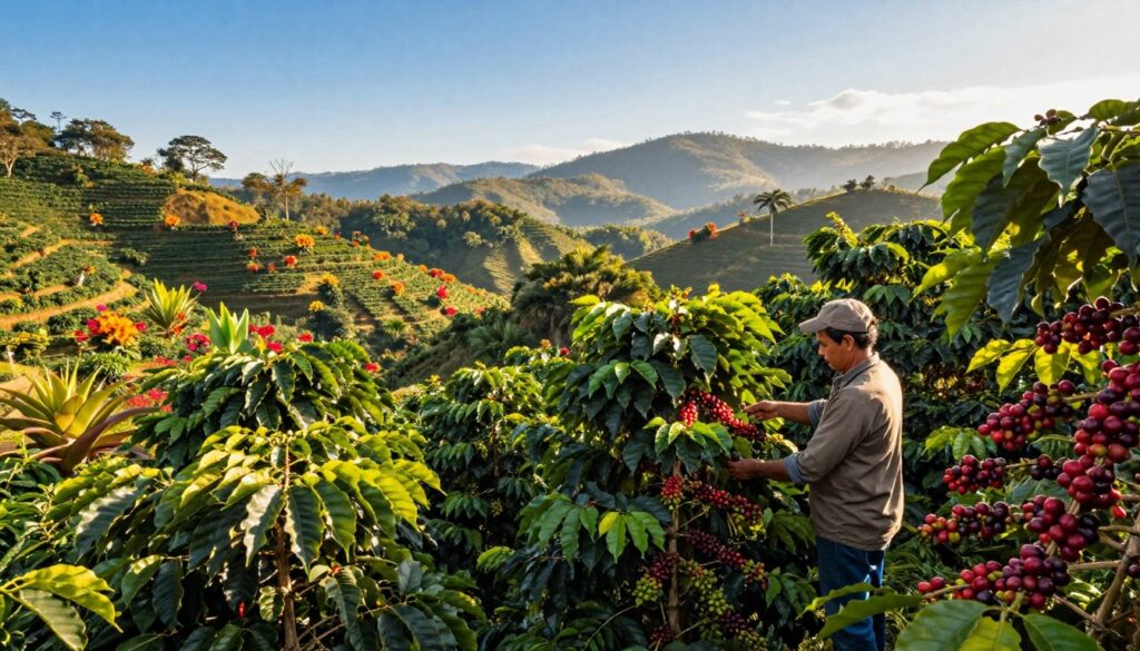 A lush Brazilian coffee plantation stretches across rolling hills under a bright blue sky. In the foreground, vibrant green coffee plants with glossy leaves and clusters of ripe, red coffee cherries create a rich texture. A farmer in modest, casual clothing inspects the coffee plants, embodying dedication and connection to the land. In the middle ground, the plantation slopes gently, interspersed with the vibrant colors of tropical flowers and distant trees, showing a thriving ecosystem. The background features hazy mountains, with soft sunlight filtering through, casting warm light across the scene. The atmosphere is serene and productive, capturing Brazil's essence as a world leader in coffee production. The angle is slightly elevated, providing a breathtaking overview of this flourishing landscape. A lush Brazilian coffee plantation stretches across rolling hills under a bright blue sky. In the foreground, vibrant green coffee plants with glossy leaves and clusters of ripe, red coffee cherries create a rich texture. A farmer in modest, casual clothing inspects the coffee plants, embodying dedication and connection to the land. In the middle ground, the plantation slopes gently, interspersed with the vibrant colors of tropical flowers and distant trees, showing a thriving ecosystem. The background features hazy mountains, with soft sunlight filtering through, casting warm light across the scene. The atmosphere is serene and productive, capturing Brazil's essence as a world leader in coffee production. The angle is slightly elevated, providing a breathtaking overview of this flourishing landscape.