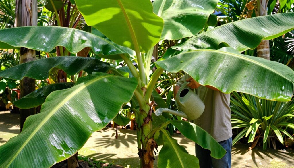 A lush banana plant with vibrant, large green leaves stands prominently in the foreground, its broad leaves glistening with moisture from a recent watering. In the middle ground, a person in modest casual clothing gently waters the banana plant with a watering can, showcasing the importance of proper hydration for healthy growth. The background features a bright, sunny garden filled with various tropical plants, enhancing the vitality of the scene. The sunlight filters through the leaves, casting dappled shadows on the ground and creating a warm, inviting atmosphere. The camera angle is slightly low, emphasizing the grandeur of the banana plant while maintaining the focus on the nurturing act of watering, illustrating the connection between proper watering and fertilization effectiveness.