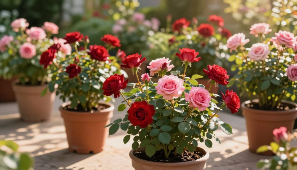A lush display of healthy potted roses, vibrant with deep red and pink blooms, showcasing their rich, green foliage. In the foreground, a close-up of a beautifully arranged pot, featuring a mix of roses in full bloom and delicate buds, highlighting the care taken in their maintenance. The middle ground reveals additional pots harmoniously arranged on a patio, with sunlight filtering through leaves, creating dappled patterns on the ground. In the background, a soft-focus garden adds depth, hinting at other thriving plants. The scene is bathed in warm, golden hour lighting, enhancing the vibrant colors and casting soft shadows. The mood is serene and inviting, embodying the beauty and health of well-cared-for roses. A lush display of healthy potted roses, vibrant with deep red and pink blooms, showcasing their rich, green foliage. In the foreground, a close-up of a beautifully arranged pot, featuring a mix of roses in full bloom and delicate buds, highlighting the care taken in their maintenance. The middle ground reveals additional pots harmoniously arranged on a patio, with sunlight filtering through leaves, creating dappled patterns on the ground. In the background, a soft-focus garden adds depth, hinting at other thriving plants. The scene is bathed in warm, golden hour lighting, enhancing the vibrant colors and casting soft shadows. The mood is serene and inviting, embodying the beauty and health of well-cared-for roses.