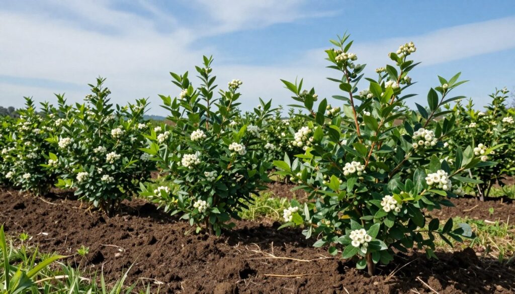 A lush, fertile patch of soil specifically prepared for growing blueberries, emphasizing the ideal conditions for American blueberry cultivation. In the foreground, rich dark soil is expertly tilled, with small mounds illustrating the well-drained, acidic properties essential for these plants. Bright green blueberry bushes, laden with clusters of small white flowers, are arranged harmoniously throughout the patch. The middle ground features a sunny, open landscape, enhanced by a gentle breeze that makes the leaves shimmer. In the background, a clear blue sky with soft, wispy clouds paints a serene atmosphere. The lighting is bright yet soft, simulating mid-morning sunlight to evoke a feeling of growth and vitality, perfect for a thriving garden dedicated to blueberry cultivation. A lush, fertile patch of soil specifically prepared for growing blueberries, emphasizing the ideal conditions for American blueberry cultivation. In the foreground, rich dark soil is expertly tilled, with small mounds illustrating the well-drained, acidic properties essential for these plants. Bright green blueberry bushes, laden with clusters of small white flowers, are arranged harmoniously throughout the patch. The middle ground features a sunny, open landscape, enhanced by a gentle breeze that makes the leaves shimmer. In the background, a clear blue sky with soft, wispy clouds paints a serene atmosphere. The lighting is bright yet soft, simulating mid-morning sunlight to evoke a feeling of growth and vitality, perfect for a thriving garden dedicated to blueberry cultivation.