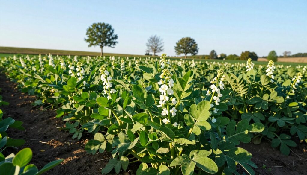 A lush field of fava beans (bób) thriving under a clear blue sky, featuring vibrant green foliage and delicate white flowers. In the foreground, a healthy patch of fava bean plants stands tall, showcasing their glossy leaves and flower clusters. The midground includes rows of beans interspersed with companion plants, highlighting the practice of crop rotation for nutrient management and disease prevention. In the background, a gentle slope dotted with a few deciduous trees provides a natural contrast. Soft, warm sunlight filters through the leaves, creating a calm and serene atmosphere. The scene is captured with a slightly elevated angle, using a shallow depth of field to emphasize the vibrant colors and texture of the plants, evoking a sense of agricultural vitality. A lush field of fava beans (bób) thriving under a clear blue sky, featuring vibrant green foliage and delicate white flowers. In the foreground, a healthy patch of fava bean plants stands tall, showcasing their glossy leaves and flower clusters. The midground includes rows of beans interspersed with companion plants, highlighting the practice of crop rotation for nutrient management and disease prevention. In the background, a gentle slope dotted with a few deciduous trees provides a natural contrast. Soft, warm sunlight filters through the leaves, creating a calm and serene atmosphere. The scene is captured with a slightly elevated angle, using a shallow depth of field to emphasize the vibrant colors and texture of the plants, evoking a sense of agricultural vitality.