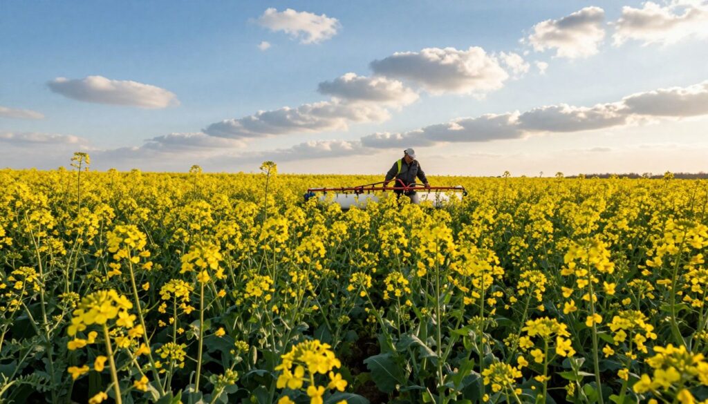 A lush field of flowering winter rapeseed stretches across the foreground, vibrant yellow blossoms contrasting with deep green foliage. In the middle ground, a farmer dressed in professional attire is seen applying spring fertilizer to the crops using a modern spreader, highlighting the importance of spring fertilization. In the background, a clear blue sky is visible, with soft, fluffy clouds casting gentle shadows over the landscape. The sunlight is warm and inviting, creating a mood of optimism and growth. The scene is captured from a slightly elevated angle, providing a broad view of the field and emphasizing the connection between agricultural practices and plant health. The composition is serene and inspiring, evoking the beauty of springtime farming. A lush field of flowering winter rapeseed stretches across the foreground, vibrant yellow blossoms contrasting with deep green foliage. In the middle ground, a farmer dressed in professional attire is seen applying spring fertilizer to the crops using a modern spreader, highlighting the importance of spring fertilization. In the background, a clear blue sky is visible, with soft, fluffy clouds casting gentle shadows over the landscape. The sunlight is warm and inviting, creating a mood of optimism and growth. The scene is captured from a slightly elevated angle, providing a broad view of the field and emphasizing the connection between agricultural practices and plant health. The composition is serene and inspiring, evoking the beauty of springtime farming.