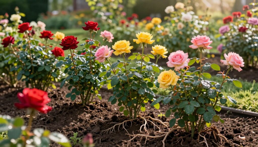A lush garden bed filled with vibrant roses in full bloom, showcasing a variety of colors such as deep reds, soft pinks, and bright yellows. In the foreground, rich, dark, loamy soil teeming with nutrients, creating an optimal growing environment for the roses. Delicate roots intertwine within the soil, illustrating the healthy foundation for the plants. In the middle ground, several rose plants display lush, green foliage, glistening with morning dew. The background features a softly blurred garden landscape, dappled sunlight filtering through leaves, casting gentle shadows. The atmosphere is serene and nurturing, evoking a sense of life and growth, with a warm sunlight angle highlighting the vibrancy of the roses. Focus on capturing the intricate details of the soil and roots, creating a vivid representation of ideal conditions for rose cultivation.