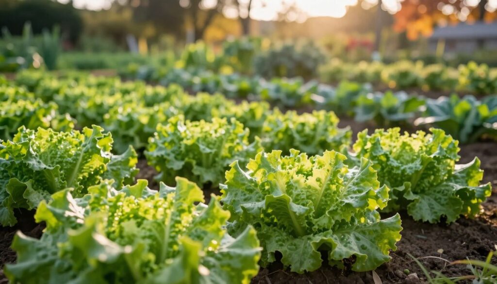 A lush garden scene depicting various types of green lettuce in the foreground, showcasing crisp, vibrant leaves in varying shades of green. In the middle ground, a well-tended vegetable patch with rows of lettuce, slightly wilting under a hazy September sun. The background features a dreamy, softly blurred garden with a hint of autumn colors in the trees, suggesting the transition from summer to fall. Warm, golden sunlight filters through the leaves, casting gentle shadows on the soil. The atmosphere is peaceful, evoking the idea of a serene harvest time. The lens should capture a close-up view, focusing on the lettuce while keeping the rest of the garden in soft focus to emphasize the subject. No people or texts should be included. A lush garden scene depicting various types of green lettuce in the foreground, showcasing crisp, vibrant leaves in varying shades of green. In the middle ground, a well-tended vegetable patch with rows of lettuce, slightly wilting under a hazy September sun. The background features a dreamy, softly blurred garden with a hint of autumn colors in the trees, suggesting the transition from summer to fall. Warm, golden sunlight filters through the leaves, casting gentle shadows on the soil. The atmosphere is peaceful, evoking the idea of a serene harvest time. The lens should capture a close-up view, focusing on the lettuce while keeping the rest of the garden in soft focus to emphasize the subject. No people or texts should be included.