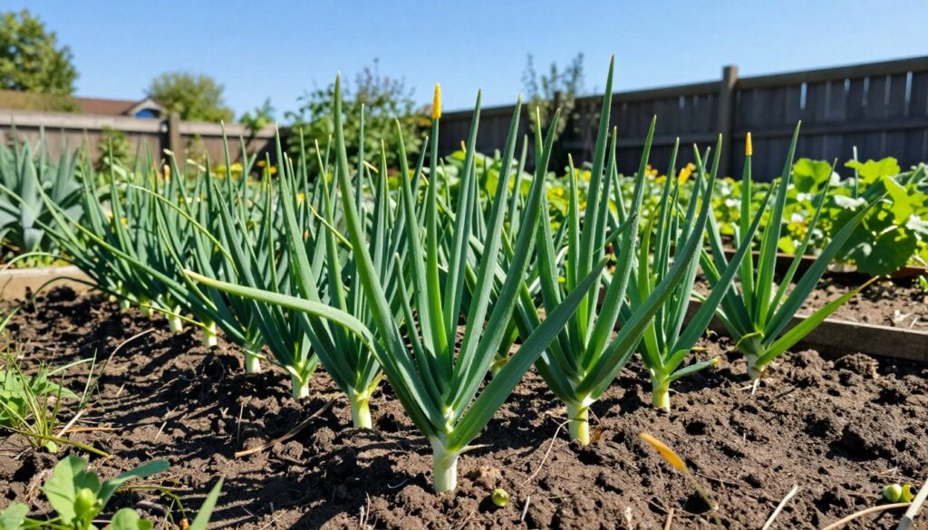 A lush garden scene featuring a vibrant patch of "cebula siedmiolatka" (seven-year onion) in the foreground, with healthy green stalks reaching upward. The middle ground shows rich, dark brown soil enriched with organic matter, indicating optimal growing conditions. Delicate sunlight filters through a clear blue sky, casting soft shadows and highlighting the dew on the onion leaves. In the background, gently blurred outlines of other garden plants and a wooden fence create a serene atmosphere. The overall mood is tranquil and inviting, emphasizing the beauty of sustainable gardening. Use a wide-angle view to capture the entire scene, with a focus on the fresh, vibrant colors of the onions, and ensure a well-lit, natural setting. A lush garden scene featuring a vibrant patch of "cebula siedmiolatka" (seven-year onion) in the foreground, with healthy green stalks reaching upward. The middle ground shows rich, dark brown soil enriched with organic matter, indicating optimal growing conditions. Delicate sunlight filters through a clear blue sky, casting soft shadows and highlighting the dew on the onion leaves. In the background, gently blurred outlines of other garden plants and a wooden fence create a serene atmosphere. The overall mood is tranquil and inviting, emphasizing the beauty of sustainable gardening. Use a wide-angle view to capture the entire scene, with a focus on the fresh, vibrant colors of the onions, and ensure a well-lit, natural setting.