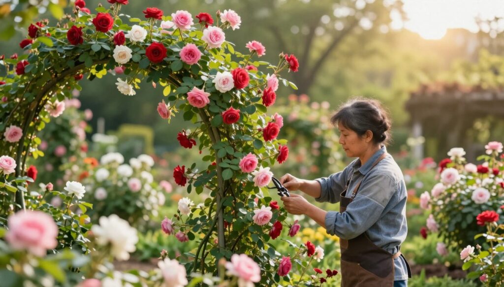 A lush garden scene featuring climbing roses in full bloom, showcasing various varieties in vibrant shades of red, pink, and white. In the foreground, a skilled gardener in a modest garden outfit is carefully pruning the roses, highlighting the spring pruning process. The middle ground captures the intricate, twisting vines of the climbing roses, adorned with fresh green leaves and abundant blossoms. In the background, soft sunlight filters through the trees, casting a warm glow over the garden, creating a serene and inviting atmosphere. The composition is shot at a slight angle to emphasize depth, with a shallow depth of field to blur the background gently, keeping the focus on the gardener and the roses. The mood is peaceful, celebrating the beauty of spring gardening. A lush garden scene featuring climbing roses in full bloom, showcasing various varieties in vibrant shades of red, pink, and white. In the foreground, a skilled gardener in a modest garden outfit is carefully pruning the roses, highlighting the spring pruning process. The middle ground captures the intricate, twisting vines of the climbing roses, adorned with fresh green leaves and abundant blossoms. In the background, soft sunlight filters through the trees, casting a warm glow over the garden, creating a serene and inviting atmosphere. The composition is shot at a slight angle to emphasize depth, with a shallow depth of field to blur the background gently, keeping the focus on the gardener and the roses. The mood is peaceful, celebrating the beauty of spring gardening.