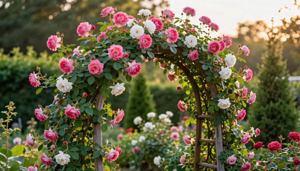 A lush garden scene featuring climbing roses ("róże pnące") in full bloom, entwined around a rustic wooden trellis. In the foreground, gracefully arching stems adorned with clusters of vibrant pink and white blossoms showcase their delicate petals, surrounded by rich green foliage. The middle ground highlights the trellis, creating an intimate focal point that embodies the charm of manicured gardens. In the background, softly blurred hints of other garden elements, like tall green shrubs and sunlight filtering through the trees, add depth and tranquility. The lighting is warm and inviting, with golden hour rays casting a soft glow over the scene, enhancing the vivid colors. The composition conveys a serene and nurturing atmosphere that reflects the essence of caring for climbing roses.