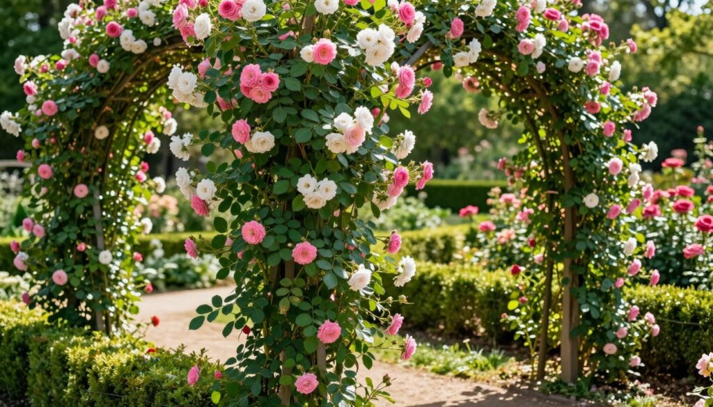 A lush garden scene featuring climbing roses (róże pnące) in full bloom, showcasing vibrant pink and white flowers intertwined with green, healthy foliage. In the foreground, a trellis supports the roses, with delicate tendrils reaching outward. The middle ground reveals a well-tended garden bed surrounded by soft sunlight filtering through leaves, casting gentle shadows. In the background, soft-focus elements of manicured hedges and a hint of blooming park roses create depth. The lighting is warm and inviting, conveying a sense of springtime rejuvenation. The atmosphere is one of tranquility and natural beauty, perfect for a relaxing garden setting. The composition is captured from a slightly elevated angle, emphasizing the flourishing roses and their elegant form. A lush garden scene featuring climbing roses (róże pnące) in full bloom, showcasing vibrant pink and white flowers intertwined with green, healthy foliage. In the foreground, a trellis supports the roses, with delicate tendrils reaching outward. The middle ground reveals a well-tended garden bed surrounded by soft sunlight filtering through leaves, casting gentle shadows. In the background, soft-focus elements of manicured hedges and a hint of blooming park roses create depth. The lighting is warm and inviting, conveying a sense of springtime rejuvenation. The atmosphere is one of tranquility and natural beauty, perfect for a relaxing garden setting. The composition is captured from a slightly elevated angle, emphasizing the flourishing roses and their elegant form.