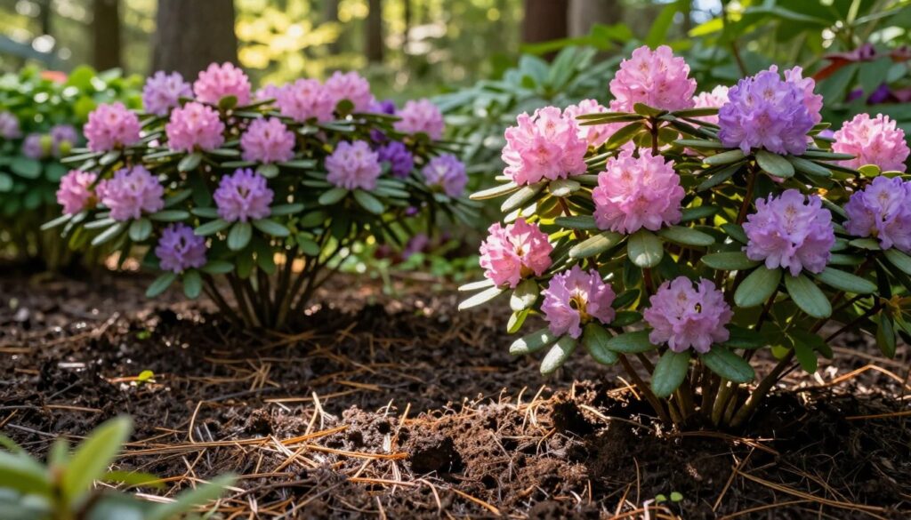 A lush garden scene featuring healthy, vibrant rhododendron bushes thriving in acidic soil, showcasing their beautiful blossoms in shades of pink and purple. In the foreground, a close-up of moist, nutrient-rich soil displaying rich, dark textures with pine needles and organic matter, emphasizing the importance of acidity. In the middle ground, the rhododendron plants are flourishing, surrounded by green foliage that reflects an ideal growing environment. The background is softly blurred, depicting a harmonious, sunlit woodland setting. The lighting is warm and inviting, with dappled sunlight filtering through leaves, creating a serene and peaceful atmosphere, and capturing the essence of acidic soil benefits. The angle is slightly elevated for a comprehensive view of the garden, conveying a sense of abundance and vitality. A lush garden scene featuring healthy, vibrant rhododendron bushes thriving in acidic soil, showcasing their beautiful blossoms in shades of pink and purple. In the foreground, a close-up of moist, nutrient-rich soil displaying rich, dark textures with pine needles and organic matter, emphasizing the importance of acidity. In the middle ground, the rhododendron plants are flourishing, surrounded by green foliage that reflects an ideal growing environment. The background is softly blurred, depicting a harmonious, sunlit woodland setting. The lighting is warm and inviting, with dappled sunlight filtering through leaves, creating a serene and peaceful atmosphere, and capturing the essence of acidic soil benefits. The angle is slightly elevated for a comprehensive view of the garden, conveying a sense of abundance and vitality.
