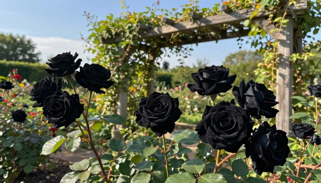 A lush garden scene featuring several striking black roses in full bloom. In the foreground, prominent clusters of deep, velvety black roses with intricate petal details stand out, their dark hue contrasting with vibrant green foliage. The middle ground showcases a sturdy wooden trellis entwined with climbing vines, adding depth to the composition. In the background, soft sunlight filters through a clear blue sky, creating a warm glow that highlights the roses' textures. The scene evokes a peaceful, enchanting garden atmosphere, emphasizing the elegance and rarity of black roses. Use a wide-angle lens to capture the full beauty of the garden, with the lighting enhancing the richness of the roses while maintaining natural shadows. A lush garden scene featuring several striking black roses in full bloom. In the foreground, prominent clusters of deep, velvety black roses with intricate petal details stand out, their dark hue contrasting with vibrant green foliage. The middle ground showcases a sturdy wooden trellis entwined with climbing vines, adding depth to the composition. In the background, soft sunlight filters through a clear blue sky, creating a warm glow that highlights the roses' textures. The scene evokes a peaceful, enchanting garden atmosphere, emphasizing the elegance and rarity of black roses. Use a wide-angle lens to capture the full beauty of the garden, with the lighting enhancing the richness of the roses while maintaining natural shadows.