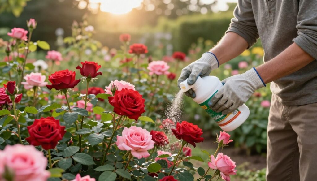 A lush garden scene focusing on a gardener applying organic fertilizer to vibrant blooming roses. In the foreground, the gardener, dressed in modest casual clothing and wearing gardening gloves, carefully sprinkles granular fertilizer around the base of freshly blossomed roses in shades of deep red and soft pink. The middle ground features healthy green leaves and budding flowers, showcasing the vitality and growth fostered by proper care. In the background, a soft-focus garden view reveals more rose bushes in the sunlight, with warm sunlight filtering through the leaves, creating a serene and nurturing atmosphere. The image captures the essence of nurturing and attention, emphasizing the importance of fertilizing roses for their health and blooming potential. A lush garden scene focusing on a gardener applying organic fertilizer to vibrant blooming roses. In the foreground, the gardener, dressed in modest casual clothing and wearing gardening gloves, carefully sprinkles granular fertilizer around the base of freshly blossomed roses in shades of deep red and soft pink. The middle ground features healthy green leaves and budding flowers, showcasing the vitality and growth fostered by proper care. In the background, a soft-focus garden view reveals more rose bushes in the sunlight, with warm sunlight filtering through the leaves, creating a serene and nurturing atmosphere. The image captures the essence of nurturing and attention, emphasizing the importance of fertilizing roses for their health and blooming potential.