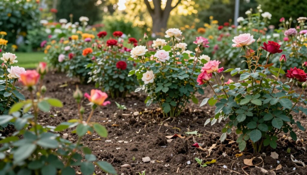 A lush garden scene focusing on a rich, fertile soil bed ideal for growing roses. In the foreground, vividly blooming rose bushes display a variety of colors, showcasing their lush green foliage and vibrant petals. The middle ground features healthy soil, dark and crumbly, with organic matter such as leaves and compost visible, indicating nutrient-rich conditions. In the background, soft sunlight filters through gently swaying trees, creating a warm, inviting atmosphere. A close-up perspective highlights the intricate details of the rose buds and the texture of the soil, emphasizing the importance of location and soil quality for optimal bloom development. The overall mood is serene and blooming with life, perfect for illustrating the care and conditions essential for thriving roses. A lush garden scene focusing on a rich, fertile soil bed ideal for growing roses. In the foreground, vividly blooming rose bushes display a variety of colors, showcasing their lush green foliage and vibrant petals. The middle ground features healthy soil, dark and crumbly, with organic matter such as leaves and compost visible, indicating nutrient-rich conditions. In the background, soft sunlight filters through gently swaying trees, creating a warm, inviting atmosphere. A close-up perspective highlights the intricate details of the rose buds and the texture of the soil, emphasizing the importance of location and soil quality for optimal bloom development. The overall mood is serene and blooming with life, perfect for illustrating the care and conditions essential for thriving roses.