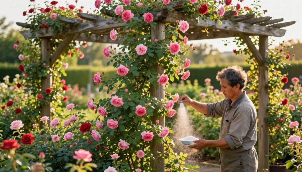 A lush garden scene focusing on climbing roses being fertilized. In the foreground, a gardener in modest casual attire gently spreads organic fertilizer around vibrant, blooming climbing roses intertwined with a rustic wooden pergola. The middle ground features the pergola adorned with climbing rose vines, showcasing various shades of pink and red blossoms against bright green foliage. The background reveals a sunny garden bathed in warm, golden lighting, casting soft shadows and highlighting the texture of the roses and foliage. The atmosphere is serene and nurturing, evoking a sense of care and dedication to gardening practices. The scene is captured with a soft focus lens, emphasizing the beauty of the roses while maintaining a crisp detail of the gardener's actions. A lush garden scene focusing on climbing roses being fertilized. In the foreground, a gardener in modest casual attire gently spreads organic fertilizer around vibrant, blooming climbing roses intertwined with a rustic wooden pergola. The middle ground features the pergola adorned with climbing rose vines, showcasing various shades of pink and red blossoms against bright green foliage. The background reveals a sunny garden bathed in warm, golden lighting, casting soft shadows and highlighting the texture of the roses and foliage. The atmosphere is serene and nurturing, evoking a sense of care and dedication to gardening practices. The scene is captured with a soft focus lens, emphasizing the beauty of the roses while maintaining a crisp detail of the gardener's actions.