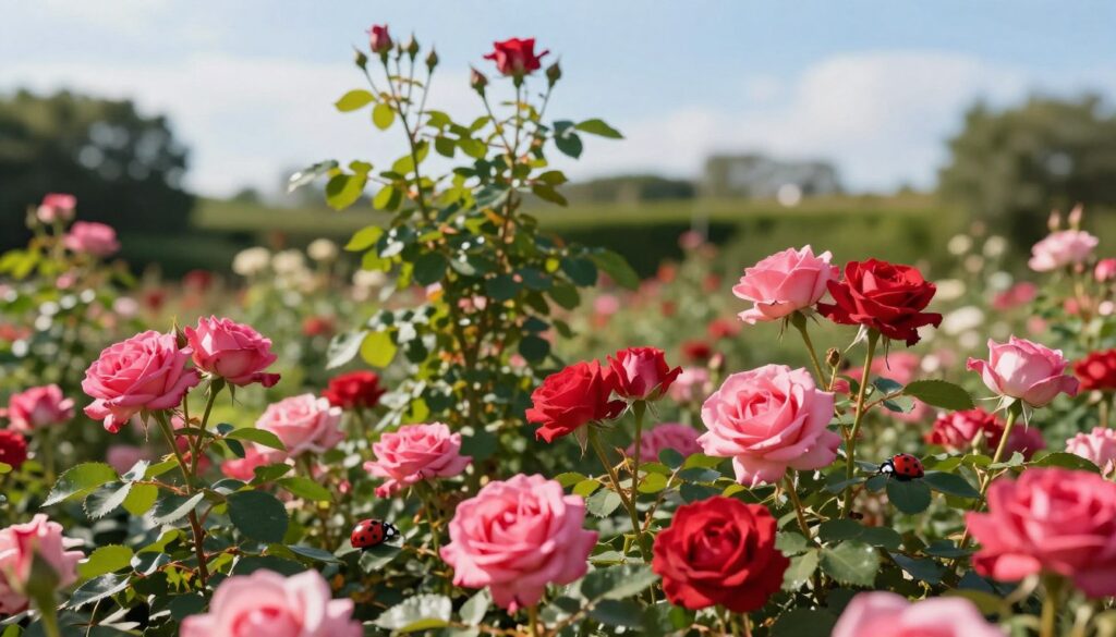 A lush garden scene showcasing a vibrant display of healthy roses, deeply saturated in shades of pink and red, occupying the foreground. Surround the roses with a protective layer of natural pest deterrents, like neem oil and ladybugs, subtly illustrated among the leaves to signify organic gardening methods. In the middle ground, include a well-cultivated rose bush with strong stems and healthy, green foliage. The background features a softly diffused atmosphere, with hints of a clear blue sky lighting the scene warmly, suggesting a sunny afternoon. Utilize a shallow depth of field to draw focus on the roses and the protective elements, enhancing the feeling of care and nurturing. Capture the overall mood as serene and flourishing, emphasizing the importance of plant health and protection against pests.