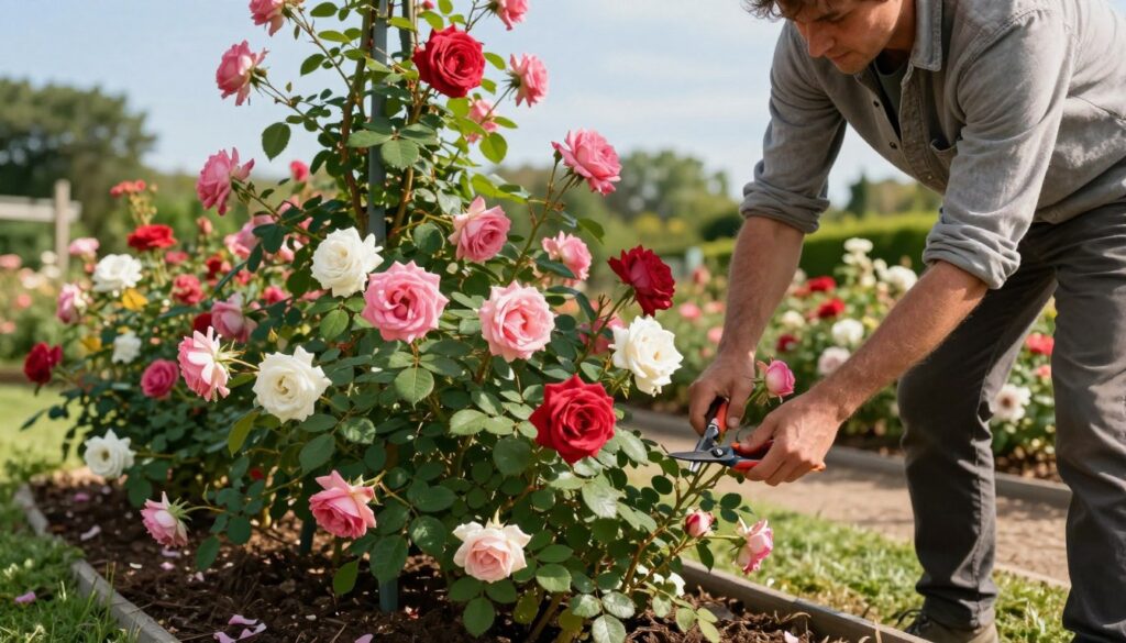 A lush garden scene showcasing rose care after pruning, with vibrant climbing roses in various shades of pink, red, and white prominently displayed in the foreground. A gardener in modest casual clothing gently tending to the roses, using pruning shears to remove spent blooms, with focused expressions that convey a sense of dedication. The middle of the image features well-mulched soil and flourishing green leaves around the base of the trellis, where the roses are climbing. The background includes a soft-focus of other flowering plants and a clear blue sky, casting warm sunlight over the scene. The overall atmosphere should be serene and nurturing, evoking the beauty of nature and the joy of gardening. A lush garden scene showcasing rose care after pruning, with vibrant climbing roses in various shades of pink, red, and white prominently displayed in the foreground. A gardener in modest casual clothing gently tending to the roses, using pruning shears to remove spent blooms, with focused expressions that convey a sense of dedication. The middle of the image features well-mulched soil and flourishing green leaves around the base of the trellis, where the roses are climbing. The background includes a soft-focus of other flowering plants and a clear blue sky, casting warm sunlight over the scene. The overall atmosphere should be serene and nurturing, evoking the beauty of nature and the joy of gardening.