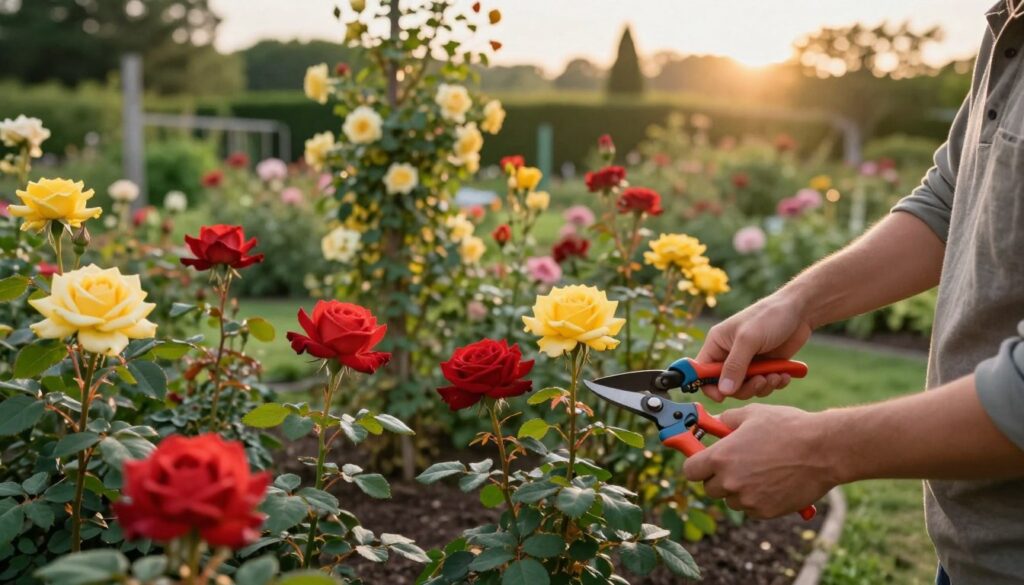 A lush garden scene showcasing various rose pruning techniques, with a close-up view of skilled hands gently pruning different types of rose bushes. In the foreground, a gardener in modest casual clothing is using sharp garden shears to trim vibrant red and yellow roses, highlighting the pruning method. The middle ground displays a range of rose varieties, including hybrid teas, climbers, and floribundas, each demonstrating the unique cutting techniques. The background features a serene garden landscape bathed in soft, golden afternoon sunlight, enhancing the calm and focused atmosphere of gardening. The image captures a harmonious blend of colors and textures, emphasizing the beauty of healthy, well-shaped rose bushes.