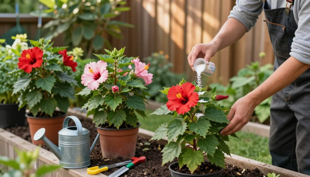 A lush garden scene showcasing various techniques for applying fertilizer to hibiscus plants in both a garden bed and potted arrangements. In the foreground, a gardener in professional gardening attire is carefully pouring granules of fertilizer around a vibrant hibiscus plant, surrounded by rich, green foliage. The middle ground features a variety of hibiscus plants in full bloom, each showcasing their bold colors, with a watering can and tools neatly arranged nearby. The background includes a wooden fence and soft sunlight filtering through the leaves, casting gentle shadows, enhancing the serene atmosphere. The composition is well-lit, with a shallow depth of field focused on the hibiscus plants, evoking a sense of tranquility and focused care in gardening. A lush garden scene showcasing various techniques for applying fertilizer to hibiscus plants in both a garden bed and potted arrangements. In the foreground, a gardener in professional gardening attire is carefully pouring granules of fertilizer around a vibrant hibiscus plant, surrounded by rich, green foliage. The middle ground features a variety of hibiscus plants in full bloom, each showcasing their bold colors, with a watering can and tools neatly arranged nearby. The background includes a wooden fence and soft sunlight filtering through the leaves, casting gentle shadows, enhancing the serene atmosphere. The composition is well-lit, with a shallow depth of field focused on the hibiscus plants, evoking a sense of tranquility and focused care in gardening.
