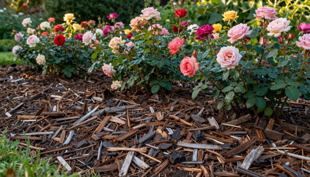 A lush garden setting focused on a vibrant rosebed, with thick layers of mulch made of compost and bark nestled around the base of the roses. In the foreground, richly textured, dark brown compost and soft, coarsely shredded bark form an organic blanket over the soil, enhancing moisture retention. The middle ground showcases healthy, blooming rose plants in various colors, with dew glistening on their petals under natural sunlight. The background features a blurred, green foliage backdrop, suggesting a serene garden atmosphere. The lighting is warm and soft, evoking a peaceful morning ambiance. The angle is slightly elevated, capturing the richness of the mulch and the health of the roses, with a focus on the interplay between the plants and their nutrient-rich environment. A lush garden setting focused on a vibrant rosebed, with thick layers of mulch made of compost and bark nestled around the base of the roses. In the foreground, richly textured, dark brown compost and soft, coarsely shredded bark form an organic blanket over the soil, enhancing moisture retention. The middle ground showcases healthy, blooming rose plants in various colors, with dew glistening on their petals under natural sunlight. The background features a blurred, green foliage backdrop, suggesting a serene garden atmosphere. The lighting is warm and soft, evoking a peaceful morning ambiance. The angle is slightly elevated, capturing the richness of the mulch and the health of the roses, with a focus on the interplay between the plants and their nutrient-rich environment.