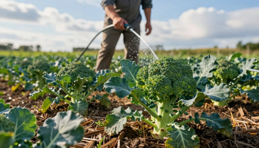 A lush green broccoli field in the foreground, with vibrant and healthy broccoli plants under gentle sunlight. The plants should show signs of healthy growth, with tightly packed crowns. In the middle ground, a gardener in modest casual clothing is using a drip irrigation system, with visible water droplets glistening as they nourish the soil around the roots. Surrounding the broccoli, there’s a layer of organic mulch, rich in texture, maintaining moisture. The background features a blue sky dotted with fluffy white clouds, creating a serene and inviting atmosphere. The scene should be illuminated with warm, natural light, emphasizing the freshness of the vegetables and the vitality of the garden. The angle captures both the meticulous care and the flourishing beauty of the broccoli cultivation technique.