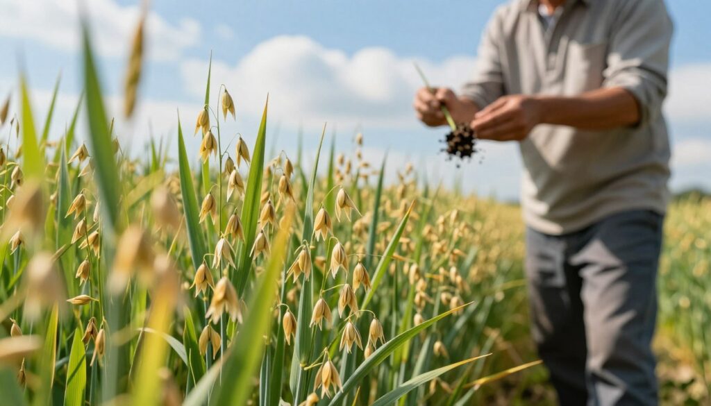 A lush, green field of oats is depicted in the foreground, showcasing different stages of growth with vibrant yellow and light green hues. In the middle ground, a farmer wearing modest casual clothing examines the plant roots, holding a soil sample, symbolizing the focus on nitrogen fertilization strategies. The background features a clear blue sky with soft, fluffy clouds, creating a bright and hopeful atmosphere. The scene captures the essence of agricultural diligence, with sunlight filtering down, emphasizing the health of the plants. The composition is shot from a low angle to enhance the impression of growth and vitality, with a slight bokeh effect to soften the background, bringing attention to the farmer and the oats in focus. A lush, green field of oats is depicted in the foreground, showcasing different stages of growth with vibrant yellow and light green hues. In the middle ground, a farmer wearing modest casual clothing examines the plant roots, holding a soil sample, symbolizing the focus on nitrogen fertilization strategies. The background features a clear blue sky with soft, fluffy clouds, creating a bright and hopeful atmosphere. The scene captures the essence of agricultural diligence, with sunlight filtering down, emphasizing the health of the plants. The composition is shot from a low angle to enhance the impression of growth and vitality, with a slight bokeh effect to soften the background, bringing attention to the farmer and the oats in focus.