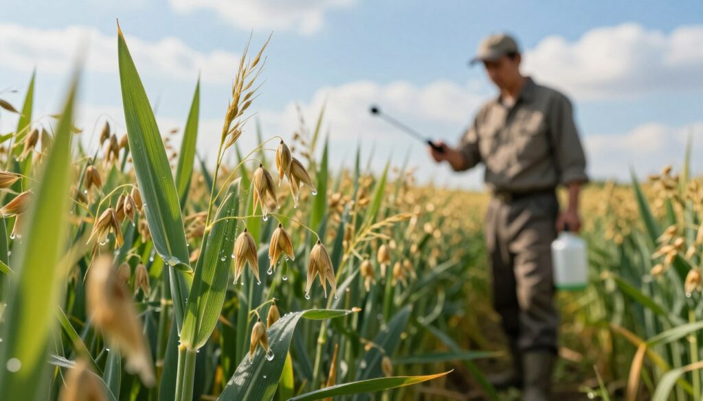 A lush green field of oats, showcasing healthy, vibrant plants with a focus on detailed leaves demonstrating leaf fertilization. In the foreground, droplets of nutrient-rich liquid fertilizer can be seen glistening on the leaves, emphasizing the process of foliar feeding. In the middle ground, a farmer, dressed in modest, professional attire, gently inspects the foliage, utilizing a handheld sprayer. The background features a clear blue sky with soft white clouds, creating a bright and optimistic atmosphere. The sunlight casts a warm glow, highlighting the golden hue of ripening oat heads in the distance. The composition is balanced, inviting viewers to understand the significance of micronutrients in crop development. A lush green field of oats, showcasing healthy, vibrant plants with a focus on detailed leaves demonstrating leaf fertilization. In the foreground, droplets of nutrient-rich liquid fertilizer can be seen glistening on the leaves, emphasizing the process of foliar feeding. In the middle ground, a farmer, dressed in modest, professional attire, gently inspects the foliage, utilizing a handheld sprayer. The background features a clear blue sky with soft white clouds, creating a bright and optimistic atmosphere. The sunlight casts a warm glow, highlighting the golden hue of ripening oat heads in the distance. The composition is balanced, inviting viewers to understand the significance of micronutrients in crop development.
