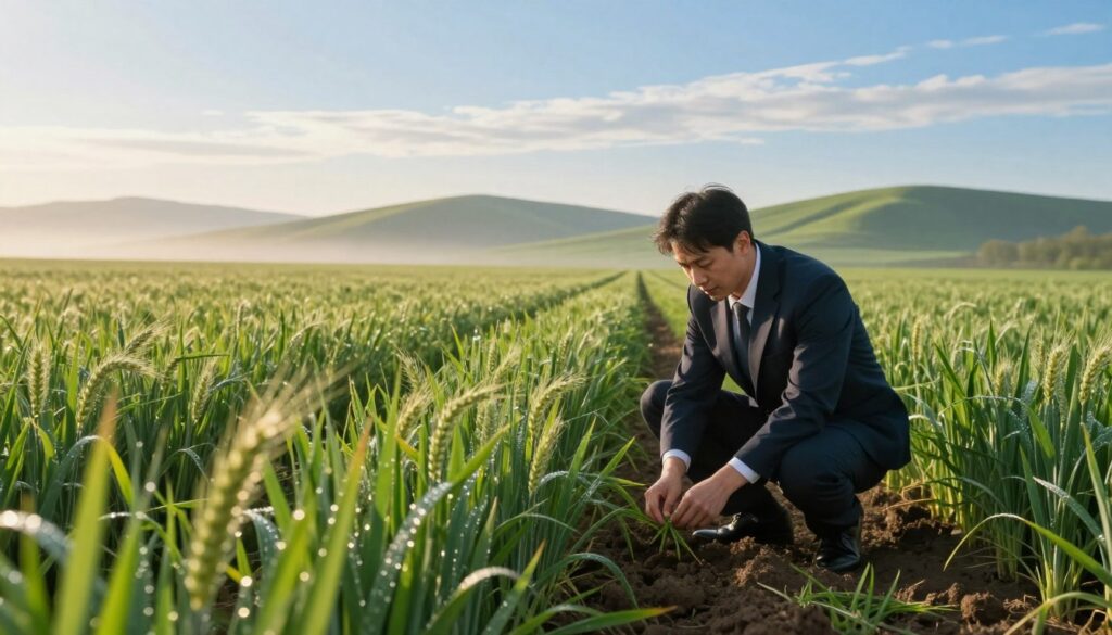A lush green field of spring-spelt rye (siewu pszenżyta jarego) at dawn, with dew glistening on the blades. In the foreground, vibrant green stalks sway gently in the soft morning breeze, displaying their delicate, feathery tops. In the middle ground, a farmer in professional business attire crouches down, inspecting the soil moisture with keen interest, symbolizing agricultural diligence. The background is filled with rolling hills under a clear blue sky, accentuated by a few wispy clouds, adding depth and tranquility to the scene. Soft, warm sunlight filters through the atmosphere, creating a serene, optimistic mood, inviting viewers to consider the ideal timing for planting to maximize soil moisture utilization. The image conveys a sense of growth and hope in rural agriculture. A lush green field of spring-spelt rye (siewu pszenżyta jarego) at dawn, with dew glistening on the blades. In the foreground, vibrant green stalks sway gently in the soft morning breeze, displaying their delicate, feathery tops. In the middle ground, a farmer in professional business attire crouches down, inspecting the soil moisture with keen interest, symbolizing agricultural diligence. The background is filled with rolling hills under a clear blue sky, accentuated by a few wispy clouds, adding depth and tranquility to the scene. Soft, warm sunlight filters through the atmosphere, creating a serene, optimistic mood, inviting viewers to consider the ideal timing for planting to maximize soil moisture utilization. The image conveys a sense of growth and hope in rural agriculture.