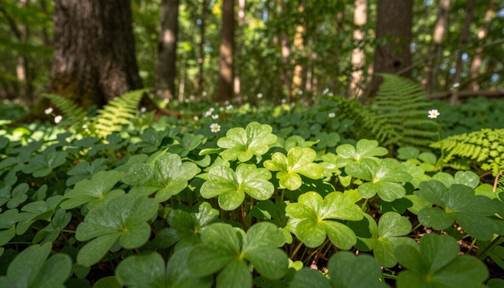 A lush, green forest scene focused on wild sorrel (szczawiu) plants in their natural habitat. In the foreground, vibrant young sorrel leaves glisten in dappled sunlight, showcasing their distinct heart shapes and fresh green tones. The middle ground features scattered wildflowers and ferns, adding texture and depth, while the background reveals towering trees with thick trunks and a canopy filtering soft, warm light. The atmosphere is serene and inviting, evoking a sense of discovery amidst nature. The image is captured from a low angle, highlighting the leaves in detail against the blurred forest backdrop, creating a harmonious connection to the environment. The lighting is soft and warm, enhancing the freshness of the scene, with no human presence to maintain focus on the natural beauty. A lush, green forest scene focused on wild sorrel (szczawiu) plants in their natural habitat. In the foreground, vibrant young sorrel leaves glisten in dappled sunlight, showcasing their distinct heart shapes and fresh green tones. The middle ground features scattered wildflowers and ferns, adding texture and depth, while the background reveals towering trees with thick trunks and a canopy filtering soft, warm light. The atmosphere is serene and inviting, evoking a sense of discovery amidst nature. The image is captured from a low angle, highlighting the leaves in detail against the blurred forest backdrop, creating a harmonious connection to the environment. The lighting is soft and warm, enhancing the freshness of the scene, with no human presence to maintain focus on the natural beauty.