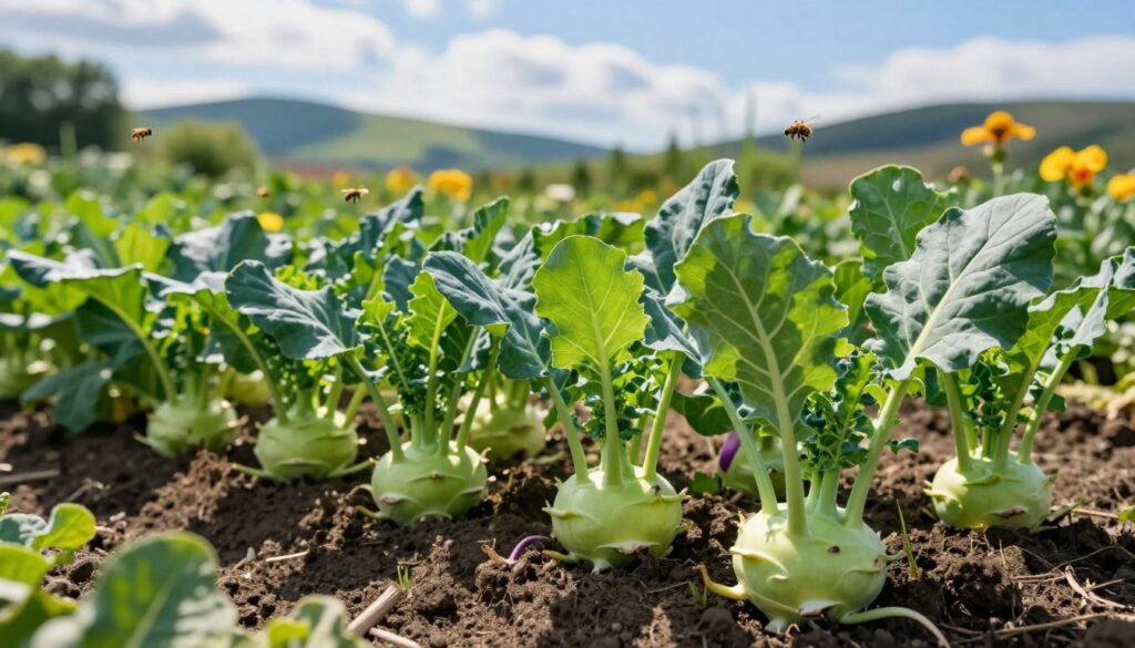 A lush, green garden scene featuring a thriving patch of kalarepy (kohlrabi) in various stages of growth. In the foreground, ripe green and purple kohlrabi bulbs, round and plump, are nestled in rich, dark soil, showcasing their leafy tops. In the middle ground, soft sunlight filters through light clouds, casting gentle shadows on the leafy greens that surround the kohlrabi, while bees flutter among the vibrant garden flowers. The background features a blur of rolling hills and a clear blue sky, setting a tranquil and inviting atmosphere. The image should be taken from a slightly elevated angle, emphasizing the healthy plants and their environment, with a warm and vibrant color palette that evokes a sense of abundance and growth. A lush, green garden scene featuring a thriving patch of kalarepy (kohlrabi) in various stages of growth. In the foreground, ripe green and purple kohlrabi bulbs, round and plump, are nestled in rich, dark soil, showcasing their leafy tops. In the middle ground, soft sunlight filters through light clouds, casting gentle shadows on the leafy greens that surround the kohlrabi, while bees flutter among the vibrant garden flowers. The background features a blur of rolling hills and a clear blue sky, setting a tranquil and inviting atmosphere. The image should be taken from a slightly elevated angle, emphasizing the healthy plants and their environment, with a warm and vibrant color palette that evokes a sense of abundance and growth.