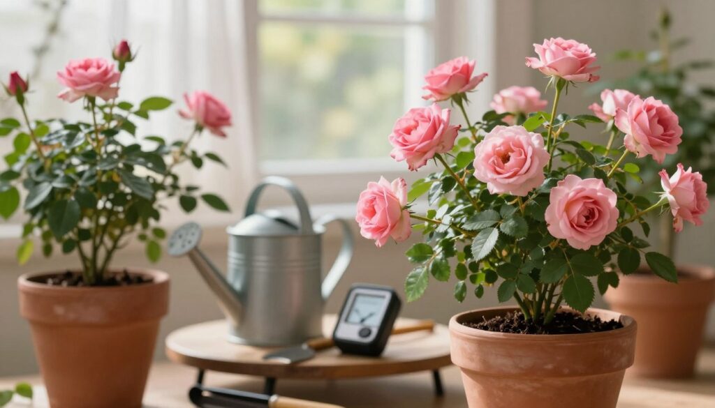 A lush indoor setting featuring potted roses, showcasing their vibrant colors and delicate petals. In the foreground, a large terracotta pot holds a blooming rose bush, with rich green leaves and soft pink flowers flourishing. The middle ground includes a small table with gardening tools, including a watering can and soil moisture meter, emphasizing the care needed for these plants. The background is softly blurred, revealing a window with gentle sunlight filtering through sheer curtains, creating a warm and inviting atmosphere. The overall mood is serene and nurturing, highlighting the importance of proper care for roses during their winter dormancy. The image is captured with a shallow depth of field to enhance the focus on the roses and gardening tools, with soft, natural lighting that accentuates the details of the flowers. A lush indoor setting featuring potted roses, showcasing their vibrant colors and delicate petals. In the foreground, a large terracotta pot holds a blooming rose bush, with rich green leaves and soft pink flowers flourishing. The middle ground includes a small table with gardening tools, including a watering can and soil moisture meter, emphasizing the care needed for these plants. The background is softly blurred, revealing a window with gentle sunlight filtering through sheer curtains, creating a warm and inviting atmosphere. The overall mood is serene and nurturing, highlighting the importance of proper care for roses during their winter dormancy. The image is captured with a shallow depth of field to enhance the focus on the roses and gardening tools, with soft, natural lighting that accentuates the details of the flowers.