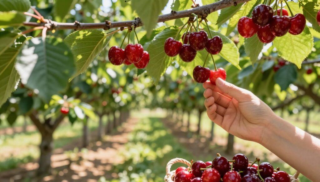 A lush orchard filled with ripe, red cherries (wiśnie) hanging from vibrant green leaves, captured in a close-up view to emphasize their glossy texture and deep color. In the foreground, a hand gracefully reaches for the juiciest cherries, with a basket partially visible filled with freshly picked fruits. The middle ground includes rows of cherry trees stretching into the distance, creating depth in the composition. Soft, warm sunlight filters through the branches, casting dappled shadows on the ground. The scene evokes a serene, summery atmosphere, ideal for experiencing the bountiful harvest. The focus should be sharp on the cherries while gently blurring the background, giving it a dreamy quality. The overall mood is inviting and cheerful, embodying the spirit of the cherry-picking season. A lush orchard filled with ripe, red cherries (wiśnie) hanging from vibrant green leaves, captured in a close-up view to emphasize their glossy texture and deep color. In the foreground, a hand gracefully reaches for the juiciest cherries, with a basket partially visible filled with freshly picked fruits. The middle ground includes rows of cherry trees stretching into the distance, creating depth in the composition. Soft, warm sunlight filters through the branches, casting dappled shadows on the ground. The scene evokes a serene, summery atmosphere, ideal for experiencing the bountiful harvest. The focus should be sharp on the cherries while gently blurring the background, giving it a dreamy quality. The overall mood is inviting and cheerful, embodying the spirit of the cherry-picking season.