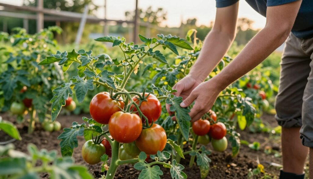 A lush tomato garden during the golden hour, showcasing vibrant and healthy tomato plants. In the foreground, ripe, plump tomatoes dangle from sturdy green vines, with hints of sunlight illuminating their glossy skin. An individual in modest casual clothing gently tends to the plants, inspecting the leaves for pests, demonstrating care and diligence in cultivation. In the middle ground, rows of well-maintained tomato plants stretch out, featuring rich soil and signs of recent watering. The background displays a softly blurred trellis with additional greenery, creating a serene and productive atmosphere. The warm light enhances the colors, evoking a feeling of nourishment and growth, ideal for a fruitful harvest. The focus is on the detailed textures of the leaves and tomatoes. A lush tomato garden during the golden hour, showcasing vibrant and healthy tomato plants. In the foreground, ripe, plump tomatoes dangle from sturdy green vines, with hints of sunlight illuminating their glossy skin. An individual in modest casual clothing gently tends to the plants, inspecting the leaves for pests, demonstrating care and diligence in cultivation. In the middle ground, rows of well-maintained tomato plants stretch out, featuring rich soil and signs of recent watering. The background displays a softly blurred trellis with additional greenery, creating a serene and productive atmosphere. The warm light enhances the colors, evoking a feeling of nourishment and growth, ideal for a fruitful harvest. The focus is on the detailed textures of the leaves and tomatoes.