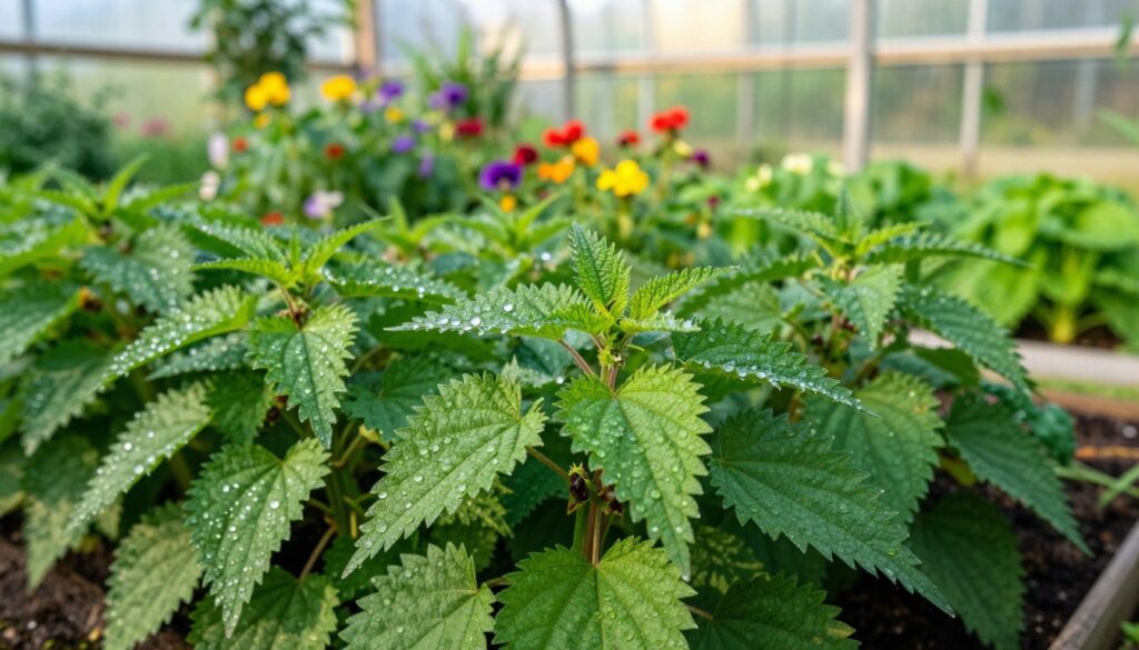A lush, verdant garden scene featuring a close-up display of nettle plants, showcasing their nutrient-rich leaves glistening with morning dew. The foreground focuses on vibrant green nettle leaves, emphasizing their texture and the rich, healthy appearance that indicates vitality. In the middle ground, an array of colorful blossoms thrives alongside, hinting at the positive effects of nettle compost on plant health. The background features softly blurred greenhouse structures, bathed in warm, natural sunlight, creating a serene atmosphere that conveys growth and nourishment. The angle is slightly elevated, capturing both the detail of the nettles and the overall harmony of the garden. The image reflects a sense of natural beauty and vitality, perfect for illustrating the benefits of nutrient-rich plants. A lush, verdant garden scene featuring a close-up display of nettle plants, showcasing their nutrient-rich leaves glistening with morning dew. The foreground focuses on vibrant green nettle leaves, emphasizing their texture and the rich, healthy appearance that indicates vitality. In the middle ground, an array of colorful blossoms thrives alongside, hinting at the positive effects of nettle compost on plant health. The background features softly blurred greenhouse structures, bathed in warm, natural sunlight, creating a serene atmosphere that conveys growth and nourishment. The angle is slightly elevated, capturing both the detail of the nettles and the overall harmony of the garden. The image reflects a sense of natural beauty and vitality, perfect for illustrating the benefits of nutrient-rich plants.