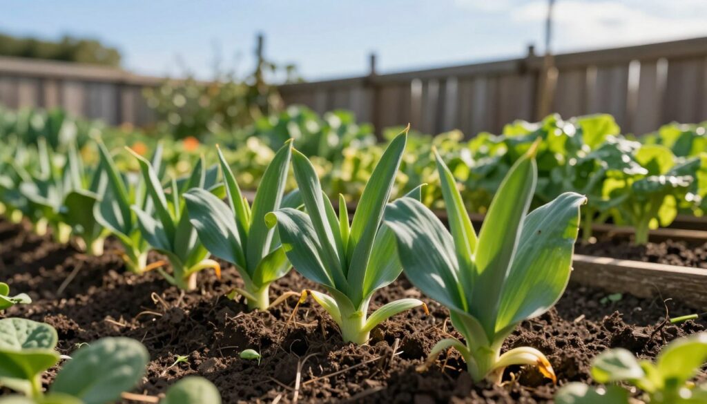 A lush, verdant garden showcasing vibrant "por" seedlings thriving in rich, dark soil. In the foreground, focus on several robust young leek plants with broad, green leaves, accentuating their healthy growth. The middle ground features rows of these seedlings, gently illuminated by warm, soft sunlight filtering through a clear blue sky. In the background, a rustic wooden fence and hints of other garden vegetables create a harmonious farming atmosphere. Use a shallow depth of field to soften the background, drawing attention to the healthy seedlings. The overall mood is one of growth and freshness, reflecting the nurturing environment essential for strong seedlings. A lush, verdant garden showcasing vibrant "por" seedlings thriving in rich, dark soil. In the foreground, focus on several robust young leek plants with broad, green leaves, accentuating their healthy growth. The middle ground features rows of these seedlings, gently illuminated by warm, soft sunlight filtering through a clear blue sky. In the background, a rustic wooden fence and hints of other garden vegetables create a harmonious farming atmosphere. Use a shallow depth of field to soften the background, drawing attention to the healthy seedlings. The overall mood is one of growth and freshness, reflecting the nurturing environment essential for strong seedlings.