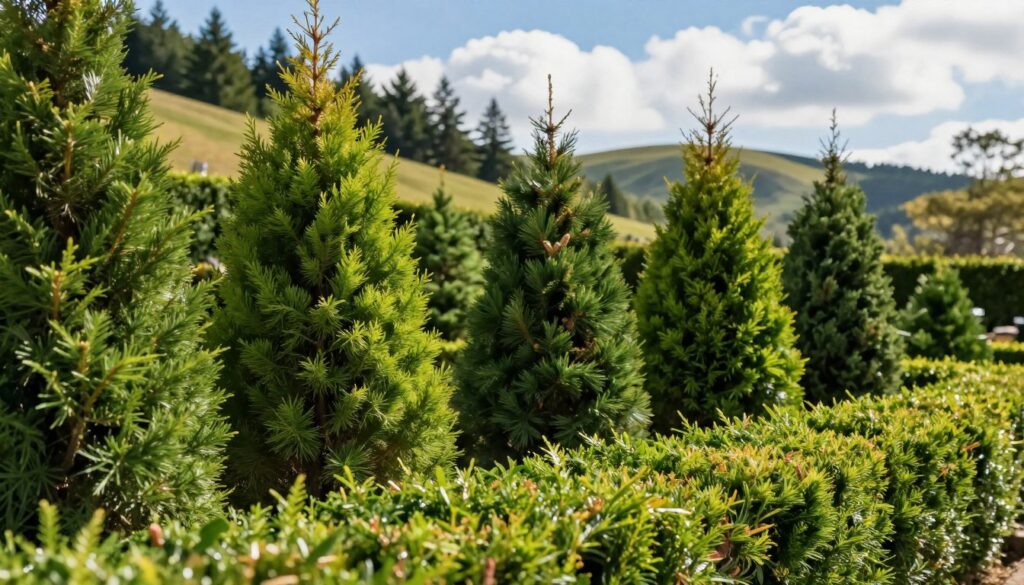 A lush, vibrant garden featuring a variety of Thuja trees, specifically shaped and meticulously pruned to showcase their dense green foliage. In the foreground, a well-maintained Thuja hedge borders the scene, with close-up details of its needle-like leaves glistening in soft sunlight. The middle ground reveals a diverse mix of conifers, including spruces and junipers, each distinctly identifiable by their unique textures and colors. In the background, a gentle slope of rolling hills is dotted with more evergreen trees under a bright blue sky with fluffy white clouds, casting soft shadows across the landscape. The overall atmosphere is tranquil and inviting, embodying an ideal environment for nurturing these specific plant species. The lighting is warm and natural, enhancing the rich greens and browns of the foliage, creating a harmonious and peaceful scene. A lush, vibrant garden featuring a variety of Thuja trees, specifically shaped and meticulously pruned to showcase their dense green foliage. In the foreground, a well-maintained Thuja hedge borders the scene, with close-up details of its needle-like leaves glistening in soft sunlight. The middle ground reveals a diverse mix of conifers, including spruces and junipers, each distinctly identifiable by their unique textures and colors. In the background, a gentle slope of rolling hills is dotted with more evergreen trees under a bright blue sky with fluffy white clouds, casting soft shadows across the landscape. The overall atmosphere is tranquil and inviting, embodying an ideal environment for nurturing these specific plant species. The lighting is warm and natural, enhancing the rich greens and browns of the foliage, creating a harmonious and peaceful scene.