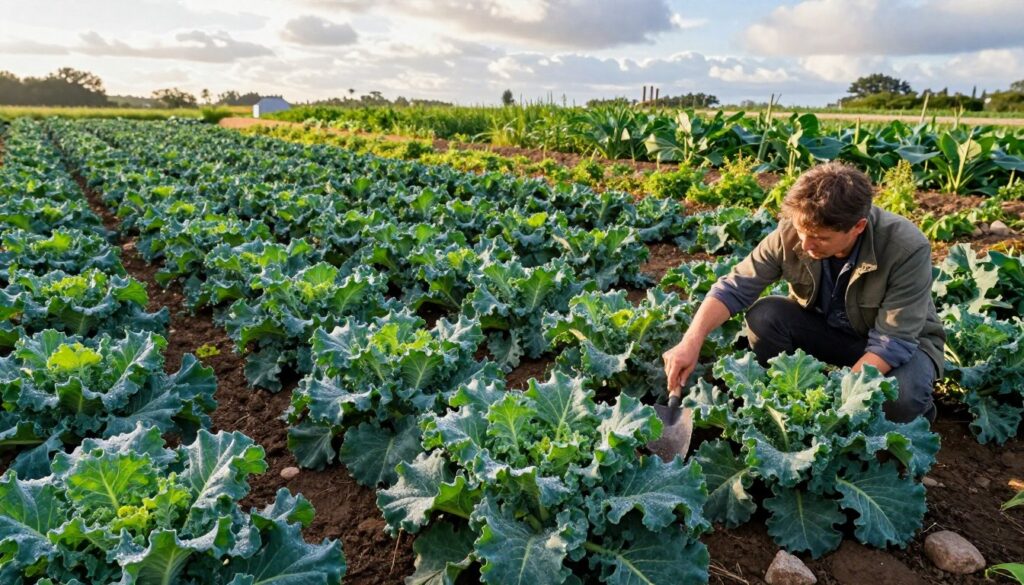 A lush, vibrant kale field, showcasing healthy, dark green kale leaves with a slight sheen from morning dew, creating a fresh, appetizing appearance. In the foreground, a gardener in modest casual clothing crouches down to inspect the kale plants, holding a hand trowel, surrounded by rows of kale growing robustly. The middle ground features more kale crops, interspersed with patches of rich, dark soil and small rocks, illustrating optimal growing conditions. In the background, a sunny sky with soft, fluffy clouds casts gentle light over the landscape, enhancing the green foliage while creating a warm and inviting atmosphere. The camera angle is slightly elevated, providing a clear view of the orderly kale rows and capturing the overall essence of a flourishing garden. A lush, vibrant kale field, showcasing healthy, dark green kale leaves with a slight sheen from morning dew, creating a fresh, appetizing appearance. In the foreground, a gardener in modest casual clothing crouches down to inspect the kale plants, holding a hand trowel, surrounded by rows of kale growing robustly. The middle ground features more kale crops, interspersed with patches of rich, dark soil and small rocks, illustrating optimal growing conditions. In the background, a sunny sky with soft, fluffy clouds casts gentle light over the landscape, enhancing the green foliage while creating a warm and inviting atmosphere. The camera angle is slightly elevated, providing a clear view of the orderly kale rows and capturing the overall essence of a flourishing garden.