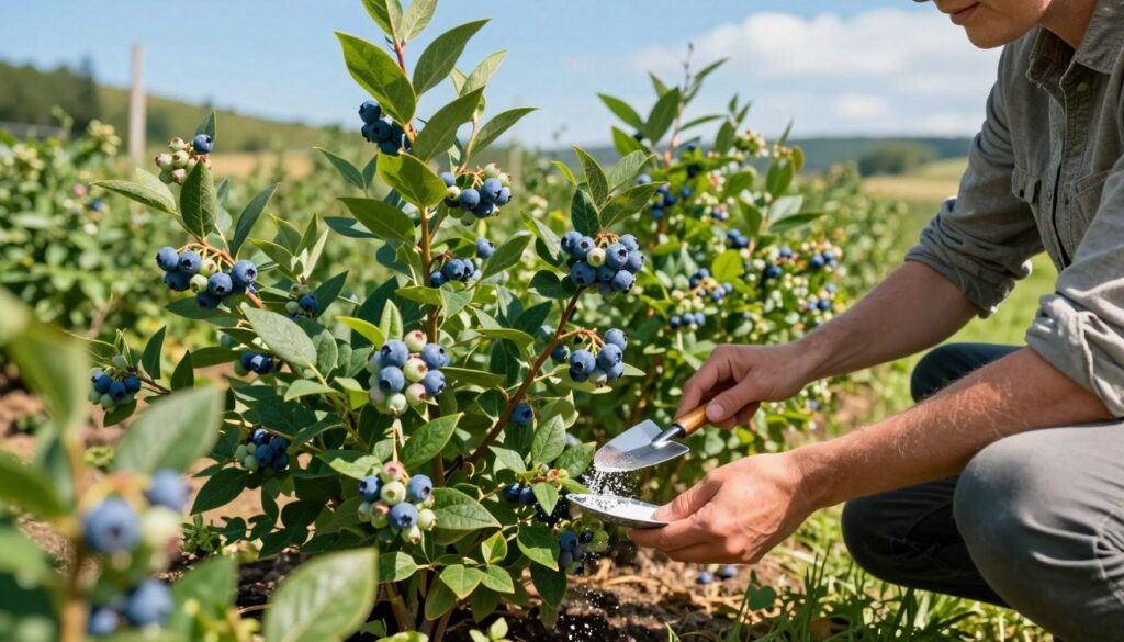 A lush, vibrant scene of a blueberry bush being carefully fertilized in a sunny garden. In the foreground, a gardener in modest casual clothing is kneeling beside a bush heavy with ripe blueberries, using a small hand trowel to apply organic fertilizer around the base. The middle ground showcases several blueberry plants in various stages of growth, with clusters of deep blue berries glistening in the sunlight. In the background, a picturesque landscape with a clear blue sky and gentle rolling hills enhances the freshness of the scene. The lighting is warm and natural, highlighting the rich greens of the leaves and the vivid blues of the berries, creating a mood of nurturing and abundance. A lush, vibrant scene of a blueberry bush being carefully fertilized in a sunny garden. In the foreground, a gardener in modest casual clothing is kneeling beside a bush heavy with ripe blueberries, using a small hand trowel to apply organic fertilizer around the base. The middle ground showcases several blueberry plants in various stages of growth, with clusters of deep blue berries glistening in the sunlight. In the background, a picturesque landscape with a clear blue sky and gentle rolling hills enhances the freshness of the scene. The lighting is warm and natural, highlighting the rich greens of the leaves and the vivid blues of the berries, creating a mood of nurturing and abundance.