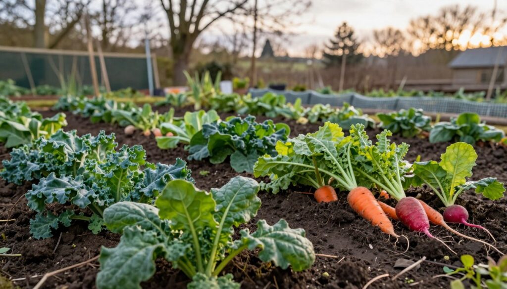 A lush winter garden showcasing the best vegetable varieties for late-season sowing, featuring rich green leafy greens like kale, spinach, and winter root vegetables such as carrots and radishes. The foreground should depict vibrant seedlings breaking through the rich, dark soil, showcasing freshness and vitality. In the middle ground, include rows of neatly cultivated plants with protective netting to hint at winter preparation. The background should illustrate a serene landscape with sparse trees and a soft winter sky, capturing a tranquil atmosphere. The lighting should have a soft, golden hue, evoking late afternoon warmth. The composition is meant to inspire a sense of anticipation for spring harvests, focusing purely on the bountiful harvest of winter-planted vegetables.
