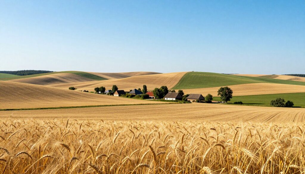 A panoramic view of the Lublin Upland, showcasing its rolling hills and vast fields of grains under a bright, clear blue sky. In the foreground, a vibrant patchwork of wheat, barley, and rye, with golden stalks swaying gently in the breeze, reflecting the agricultural richness of the area. In the middle ground, a quaint rural landscape featuring traditional farmhouses with thatched roofs and scattered trees, evoking a sense of serenity and pastoral charm. The background reveals soft, undulating hills, fading into a distant horizon under warm, golden sunlight, enhancing the tranquil and productive atmosphere. The scene is captured with a wide-angle lens to emphasize the expansive fields and the harmony of nature, invoking a feeling of peace and natural beauty. A panoramic view of the Lublin Upland, showcasing its rolling hills and vast fields of grains under a bright, clear blue sky. In the foreground, a vibrant patchwork of wheat, barley, and rye, with golden stalks swaying gently in the breeze, reflecting the agricultural richness of the area. In the middle ground, a quaint rural landscape featuring traditional farmhouses with thatched roofs and scattered trees, evoking a sense of serenity and pastoral charm. The background reveals soft, undulating hills, fading into a distant horizon under warm, golden sunlight, enhancing the tranquil and productive atmosphere. The scene is captured with a wide-angle lens to emphasize the expansive fields and the harmony of nature, invoking a feeling of peace and natural beauty.
