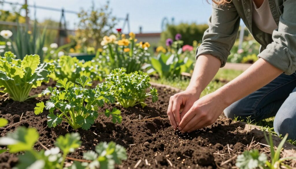 A peaceful garden scene focused on the moment of sowing parsley seeds in rich, dark soil. In the foreground, a gardener, dressed in modest casual clothing, kneels, gently scattering small parsley seeds into freshly turned earth. The middle ground features vibrant green rows of established herbs and vegetables, illustrating proper companion planting, with the sunlight filtering through leafy plants, casting dappled shadows. In the background, a clear blue sky is visible, complemented by blooming flowers and greenery that denote a thriving, healthy garden ecosystem. The lighting is warm and inviting, suggesting a calm, productive day in early spring. The overall mood is serene and encouraging, showcasing the nurturing process of gardening. A peaceful garden scene focused on the moment of sowing parsley seeds in rich, dark soil. In the foreground, a gardener, dressed in modest casual clothing, kneels, gently scattering small parsley seeds into freshly turned earth. The middle ground features vibrant green rows of established herbs and vegetables, illustrating proper companion planting, with the sunlight filtering through leafy plants, casting dappled shadows. In the background, a clear blue sky is visible, complemented by blooming flowers and greenery that denote a thriving, healthy garden ecosystem. The lighting is warm and inviting, suggesting a calm, productive day in early spring. The overall mood is serene and encouraging, showcasing the nurturing process of gardening.