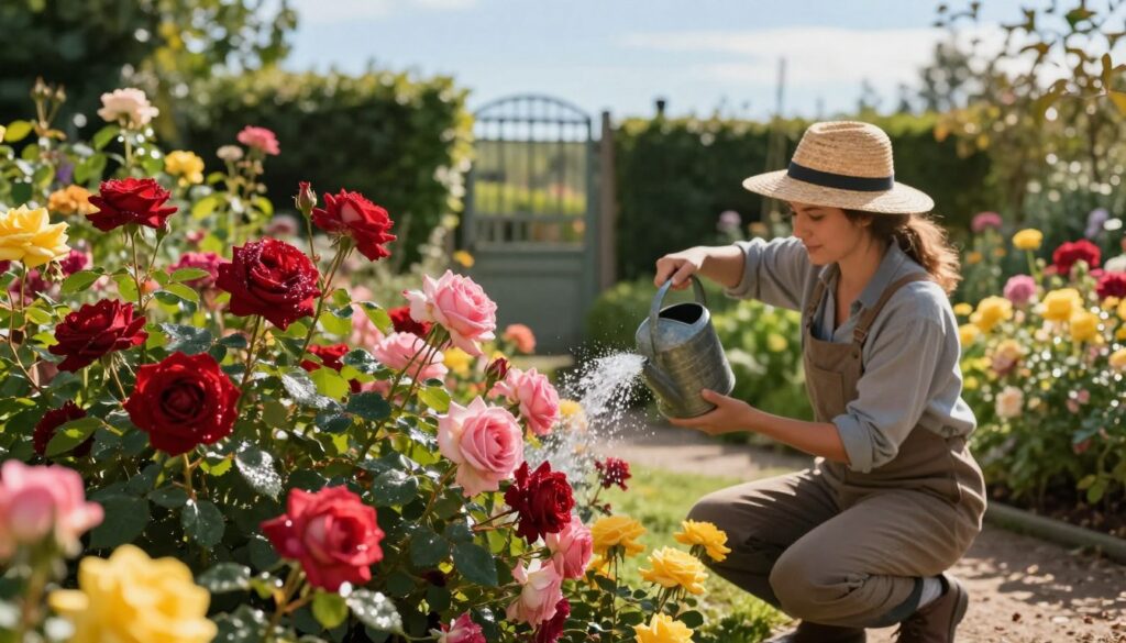 A peaceful garden scene showcasing a gardener gently watering vibrant roses. In the foreground, focus on lush, blooming rose bushes in various colors—deep reds, soft pinks, and sunny yellows—drenched in sunlight. The gardener, dressed in a modest casual outfit with a straw hat, kneels beside the roses, skillfully pouring water from a decorative watering can. In the middle ground, green foliage frames the scene, adding depth and texture, while a variety of garden flowers and plants create a lively ambiance. The background features a softly blurred garden gate and a clear blue sky, enhancing the serene atmosphere. The lighting is warm and inviting, highlighting the delicate petals and droplets of water glistening in the sun, capturing the essence of nurturing plants. A peaceful garden scene showcasing a gardener gently watering vibrant roses. In the foreground, focus on lush, blooming rose bushes in various colors—deep reds, soft pinks, and sunny yellows—drenched in sunlight. The gardener, dressed in a modest casual outfit with a straw hat, kneels beside the roses, skillfully pouring water from a decorative watering can. In the middle ground, green foliage frames the scene, adding depth and texture, while a variety of garden flowers and plants create a lively ambiance. The background features a softly blurred garden gate and a clear blue sky, enhancing the serene atmosphere. The lighting is warm and inviting, highlighting the delicate petals and droplets of water glistening in the sun, capturing the essence of nurturing plants.