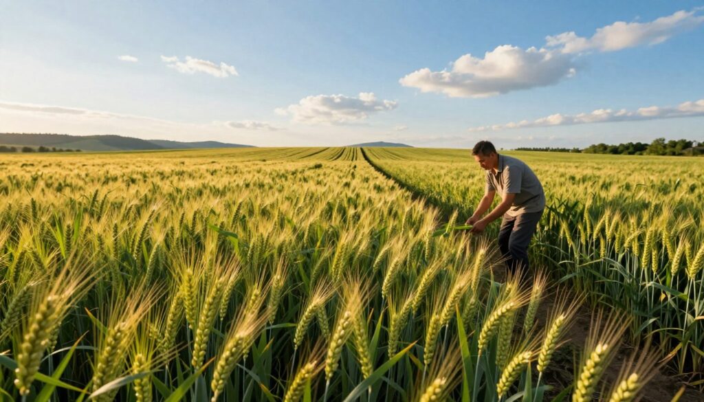 A picturesque agricultural landscape in late summer, showcasing vibrant fields of rye planted as a cover crop, known as "poplon siew września." In the foreground, lush green rye plants swaying gently in the breeze, their slender stalks and fine leaves glistening under the warm golden light of a late afternoon sun. The middle ground features neatly organized rows of crops, with a farmer, dressed in modest casual clothing, inspecting the plants with a sense of care and diligence. The background reveals rolling hills under a bright blue sky scattered with a few fluffy clouds, creating a serene and peaceful atmosphere. The scene is captured with a soft focus, emphasizing the harmony between agriculture and nature, evoking a sense of tranquility and purpose. A picturesque agricultural landscape in late summer, showcasing vibrant fields of rye planted as a cover crop, known as "poplon siew września." In the foreground, lush green rye plants swaying gently in the breeze, their slender stalks and fine leaves glistening under the warm golden light of a late afternoon sun. The middle ground features neatly organized rows of crops, with a farmer, dressed in modest casual clothing, inspecting the plants with a sense of care and diligence. The background reveals rolling hills under a bright blue sky scattered with a few fluffy clouds, creating a serene and peaceful atmosphere. The scene is captured with a soft focus, emphasizing the harmony between agriculture and nature, evoking a sense of tranquility and purpose.