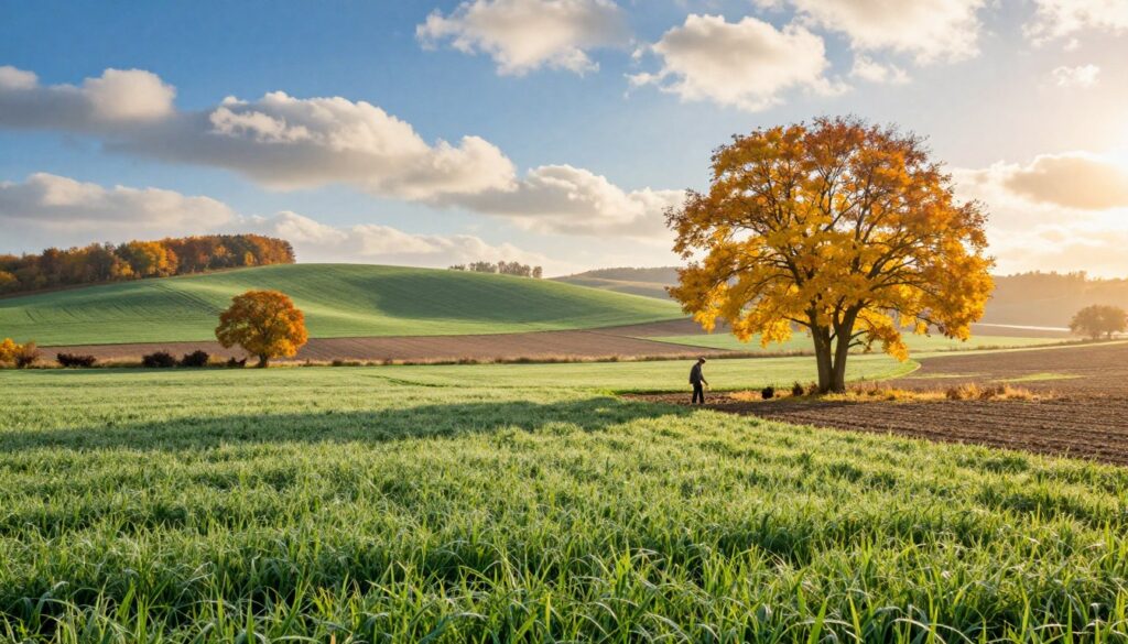 A picturesque autumn landscape showcasing the optimal sowing times for winter cereals in various regions. In the foreground, lush green fields of winter wheat and rye stretch out, gleaming with morning dew. A farmer in modest casual clothing inspects the soil, surrounded by vibrant yellow and orange foliage from nearby trees. The middle ground features rolling hills dotted with patches of green crops, illustrating the diversity of cereal types. In the background, a clear blue sky with soft, fluffy clouds enhances the peaceful atmosphere. A soft golden sunlight filters through the trees, casting gentle shadows on the ground, creating a tranquil, warm mood. The scene captures the essence of an ideal autumn day for sowing grain, emphasizing the importance of timing in agriculture. A picturesque autumn landscape showcasing the optimal sowing times for winter cereals in various regions. In the foreground, lush green fields of winter wheat and rye stretch out, gleaming with morning dew. A farmer in modest casual clothing inspects the soil, surrounded by vibrant yellow and orange foliage from nearby trees. The middle ground features rolling hills dotted with patches of green crops, illustrating the diversity of cereal types. In the background, a clear blue sky with soft, fluffy clouds enhances the peaceful atmosphere. A soft golden sunlight filters through the trees, casting gentle shadows on the ground, creating a tranquil, warm mood. The scene captures the essence of an ideal autumn day for sowing grain, emphasizing the importance of timing in agriculture.