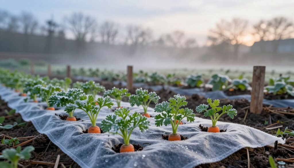 A picturesque garden scene focusing on the protection of carrot and parsley seeds from frost and pests. In the foreground, delicate carrot and parsley sprouts, covered by a layer of protective frost cloth, glisten with morning dew. The middle ground features small, rustic wooden stakes marking the seed rows, surrounded by natural mulch, while a gentle mist lingers above. In the background, a serene winter landscape fades into soft-focus, with leafless trees and a pale blue sky hinting at the early dawn light. The mood is tranquil and hopeful, capturing the essence of careful gardening practices. The lighting is soft and diffuse, resembling a gentle sunrise, with a slight depth of field to emphasize the sprouts while blurring the background. A picturesque garden scene focusing on the protection of carrot and parsley seeds from frost and pests. In the foreground, delicate carrot and parsley sprouts, covered by a layer of protective frost cloth, glisten with morning dew. The middle ground features small, rustic wooden stakes marking the seed rows, surrounded by natural mulch, while a gentle mist lingers above. In the background, a serene winter landscape fades into soft-focus, with leafless trees and a pale blue sky hinting at the early dawn light. The mood is tranquil and hopeful, capturing the essence of careful gardening practices. The lighting is soft and diffuse, resembling a gentle sunrise, with a slight depth of field to emphasize the sprouts while blurring the background.