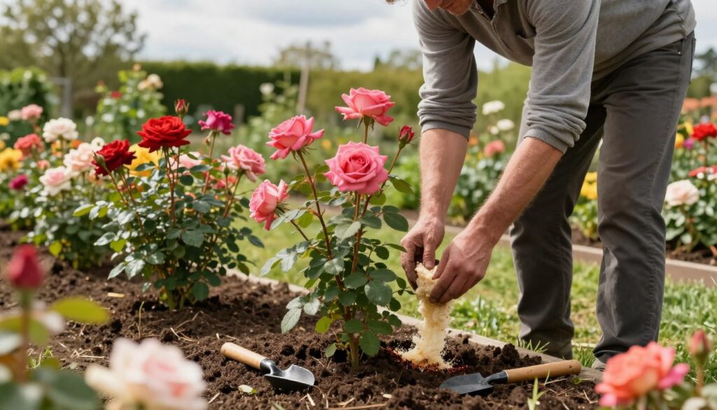 A picturesque garden scene in early spring, showcasing a variety of blooming roses in vibrant colors. In the foreground, a gardener wearing modest casual clothing carefully applies well-aged manure around the base of the roses, demonstrating the optimal fertilization technique. The gardener is focused and methodical, reflecting the importance of timing in plant care. The middle ground features rich, dark soil enriched by the organic input, with small gardening tools resting nearby. In the background, lush green foliage and vibrant flower beds create a harmonious atmosphere. Soft, natural sunlight filters through gentle clouds, casting a warm glow over the scene, enhancing the feeling of renewal and growth. The overall mood is one of nurturing and care, emphasizing sustainable gardening practices. A picturesque garden scene in early spring, showcasing a variety of blooming roses in vibrant colors. In the foreground, a gardener wearing modest casual clothing carefully applies well-aged manure around the base of the roses, demonstrating the optimal fertilization technique. The gardener is focused and methodical, reflecting the importance of timing in plant care. The middle ground features rich, dark soil enriched by the organic input, with small gardening tools resting nearby. In the background, lush green foliage and vibrant flower beds create a harmonious atmosphere. Soft, natural sunlight filters through gentle clouds, casting a warm glow over the scene, enhancing the feeling of renewal and growth. The overall mood is one of nurturing and care, emphasizing sustainable gardening practices.